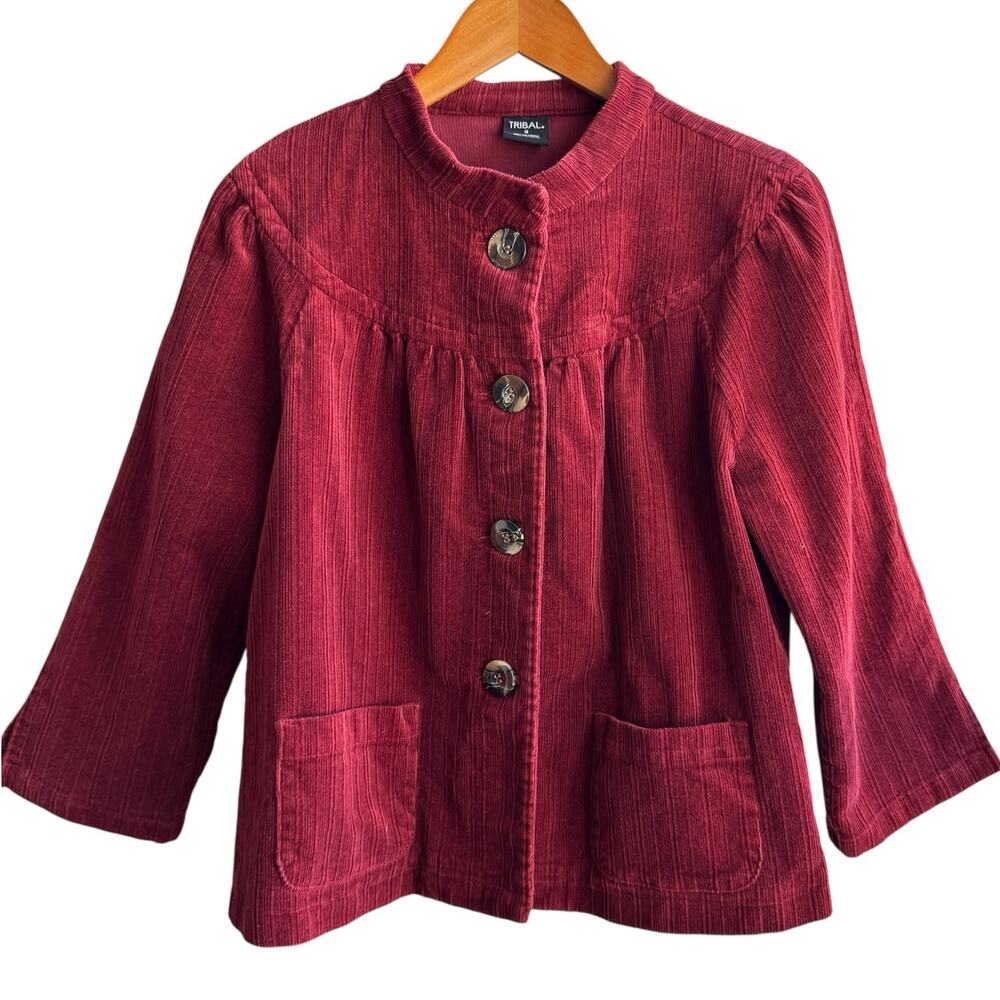 TRIBAL Jacket Womens 8 Burgundy Corduroy Button Front 3/4 Sleeve Boho Chic